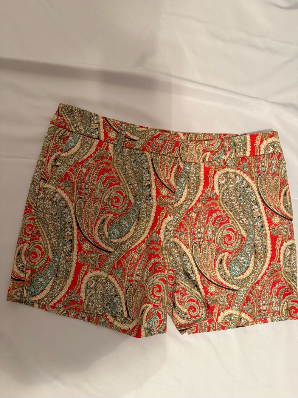Kenar High-Waist Paisley Shorts in Red, Gold and Teal